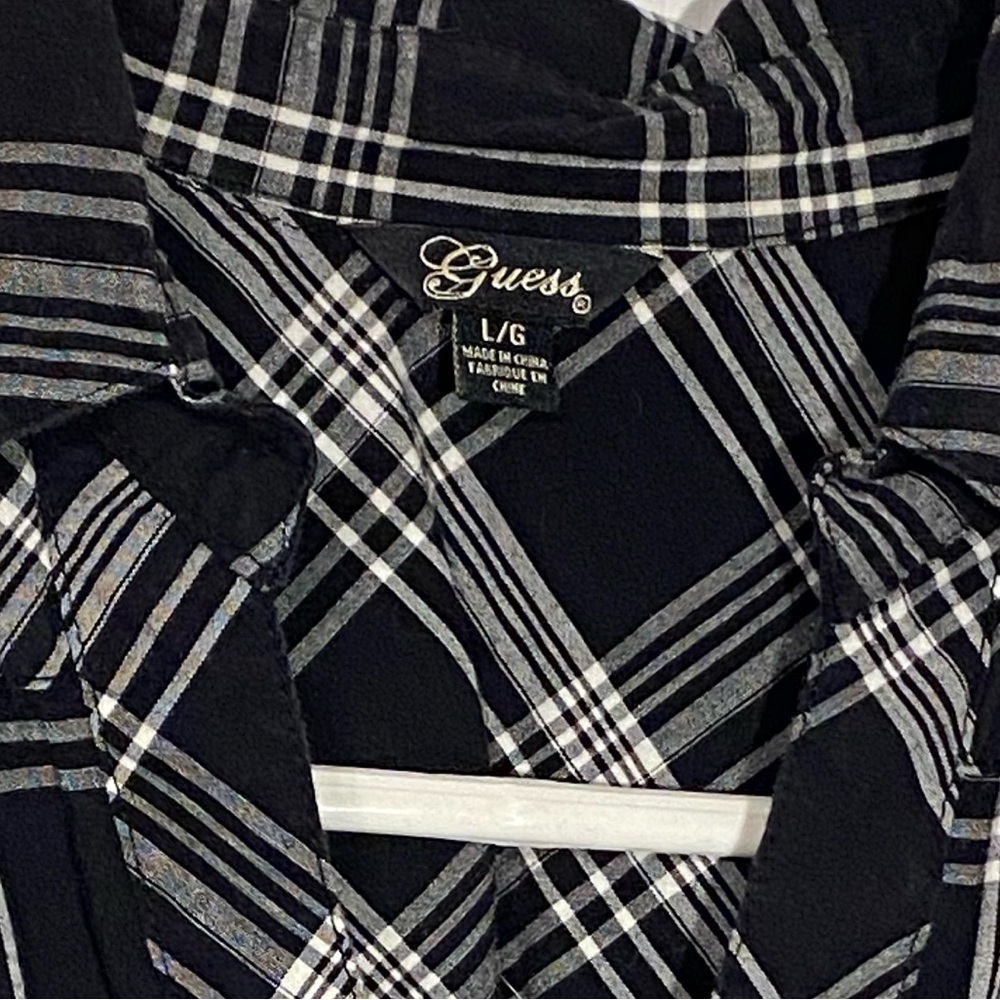 Y2K Guess Plaid Fitted Button Down Shirt Front Pockets Black White Large - Picture 5 of 7